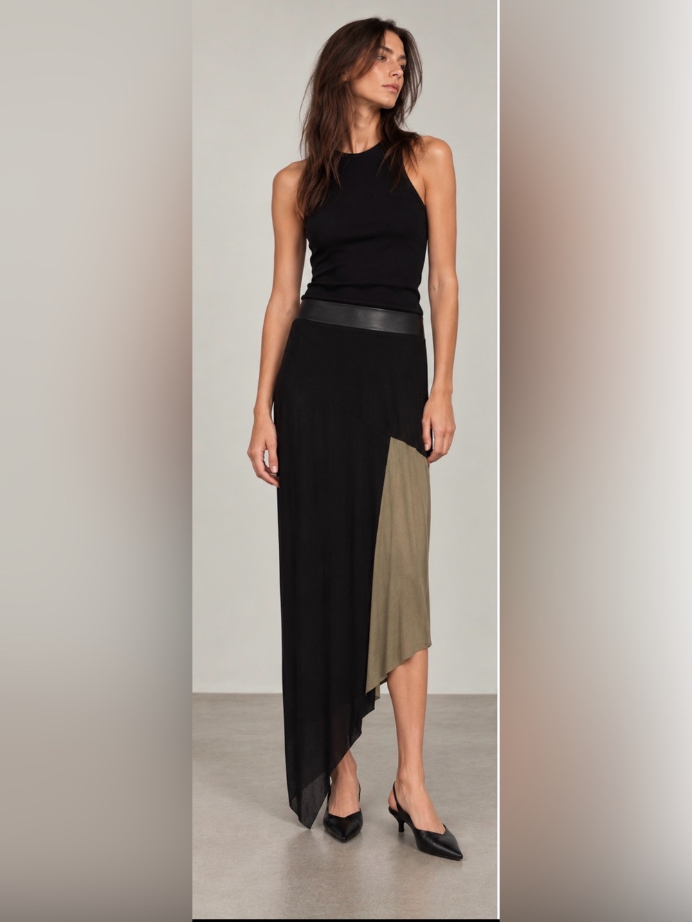 HELMUT LANG Asymmetric Jersey Wrap Bodycon Skirt Large $495 Black Olive